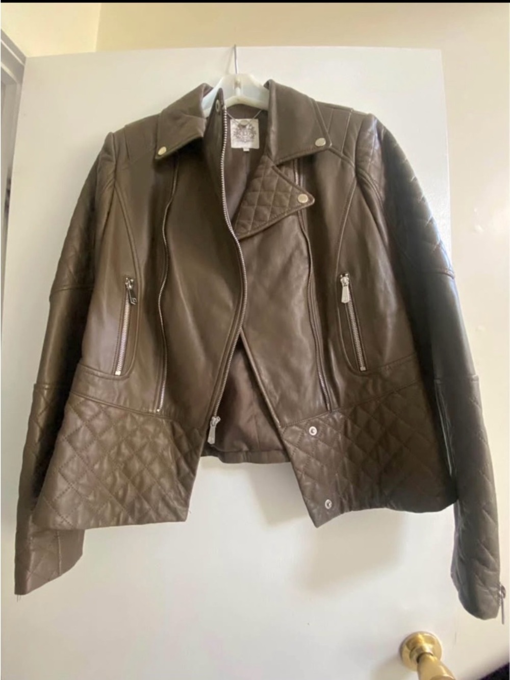 Dawn Levy Quilted Panel Brown Leather Moto Jacket
